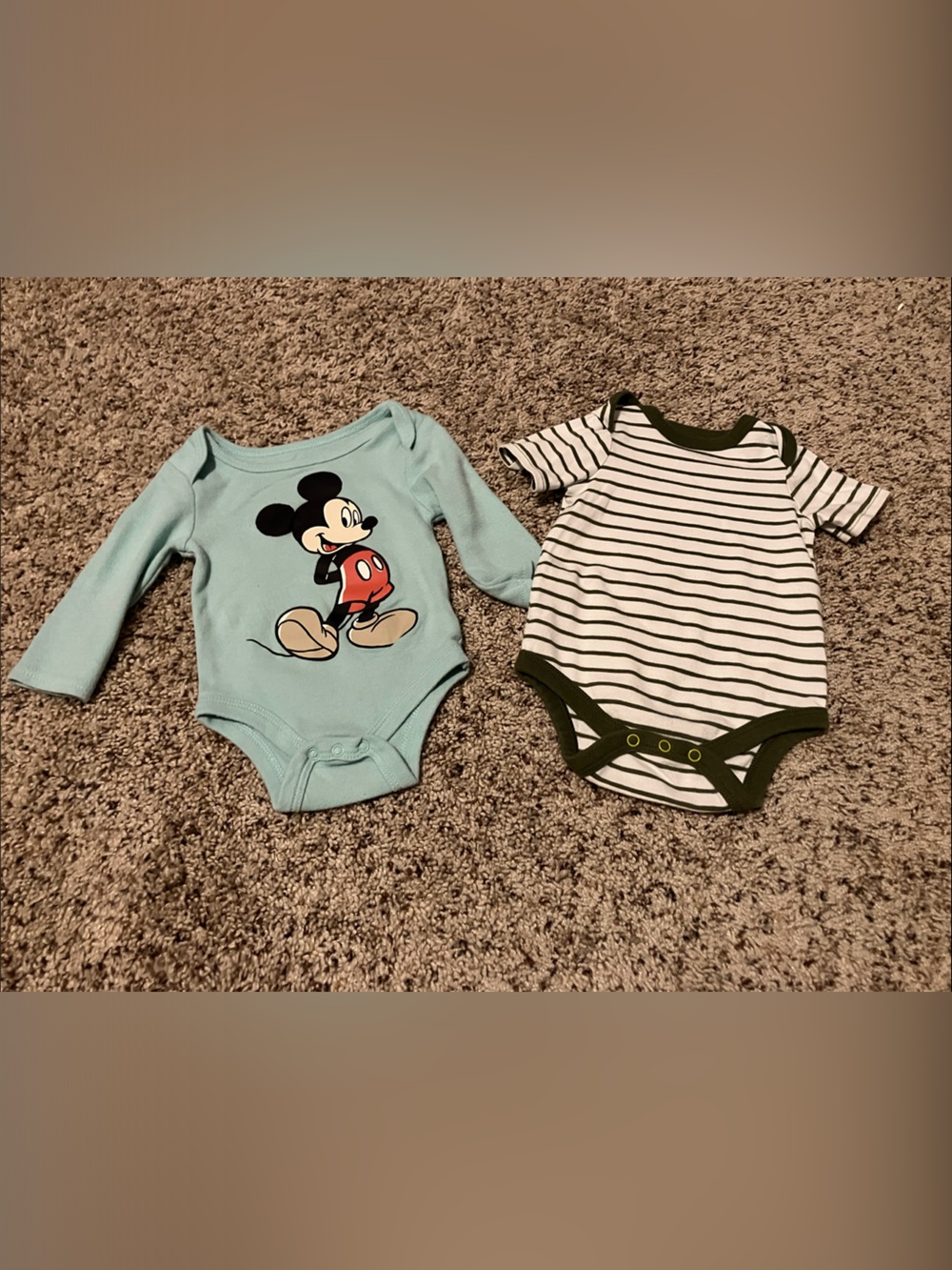 Disney Light Teal Mickey Mouse Long-Sleeve &white with green stripes bodysuits